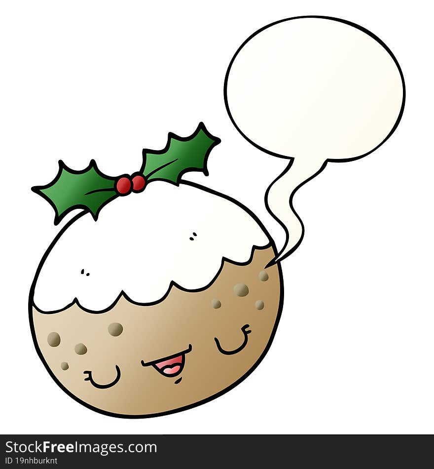 cute cartoon christmas pudding and speech bubble in smooth gradient style