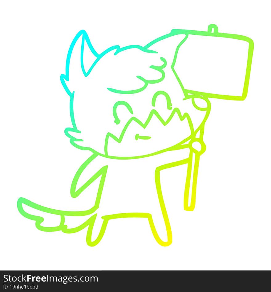 cold gradient line drawing of a cartoon friendly fox with sign