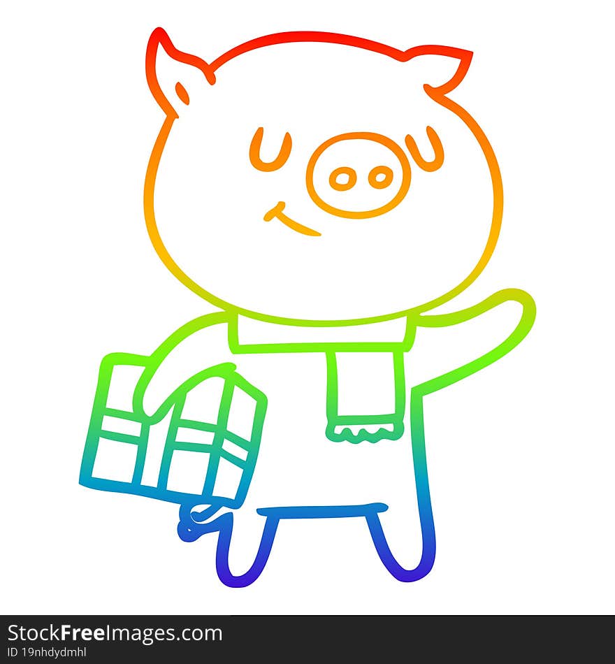 rainbow gradient line drawing happy cartoon pig with christmas present