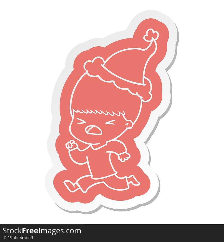 cartoon  sticker of a stressed man wearing santa hat