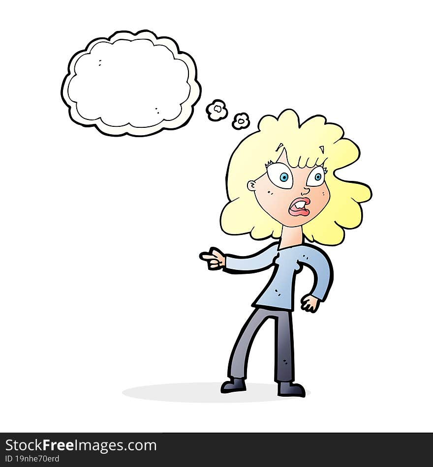 cartoon worried woman pointing with thought bubble