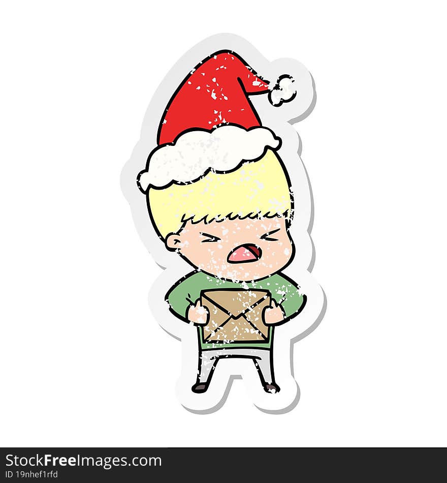 hand drawn distressed sticker cartoon of a stressed man wearing santa hat