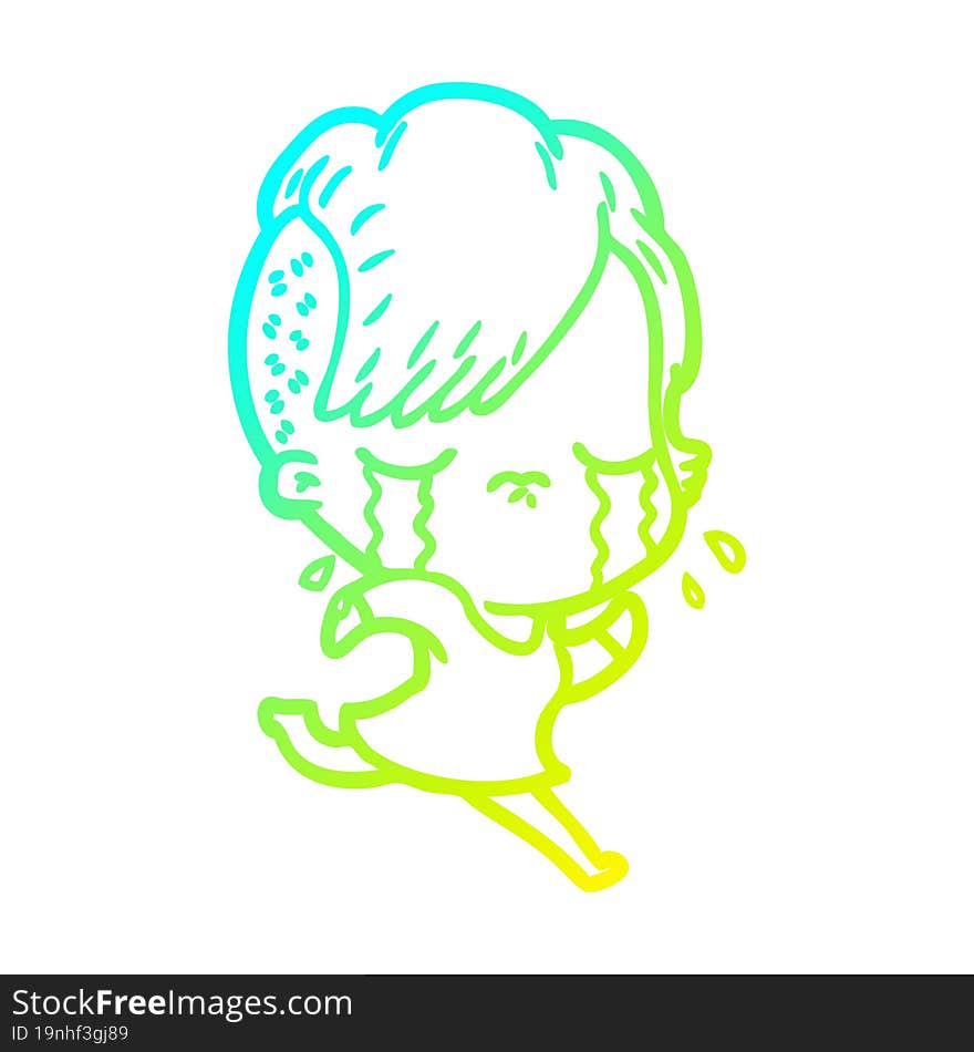 cold gradient line drawing cartoon crying girl running away