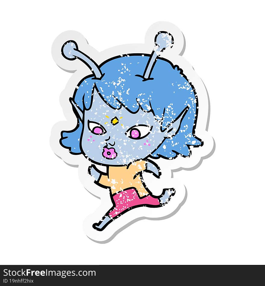 distressed sticker of a pretty cartoon alien girl running