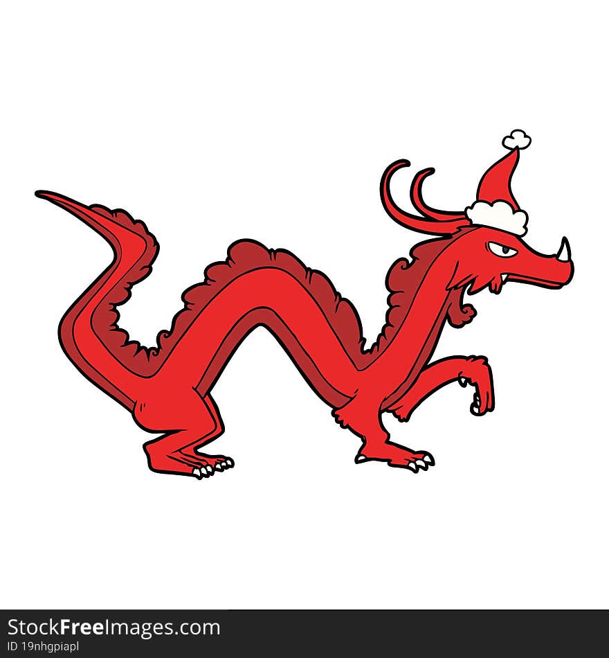 line drawing of a dragon wearing santa hat