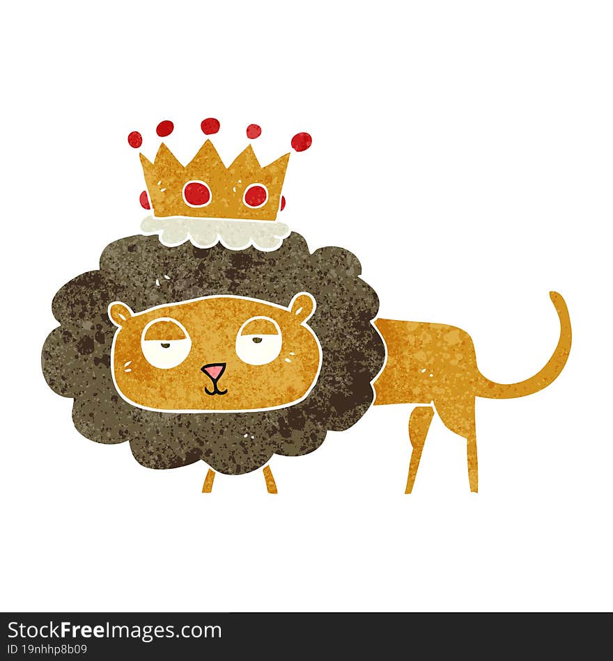 freehand retro cartoon lion with crown