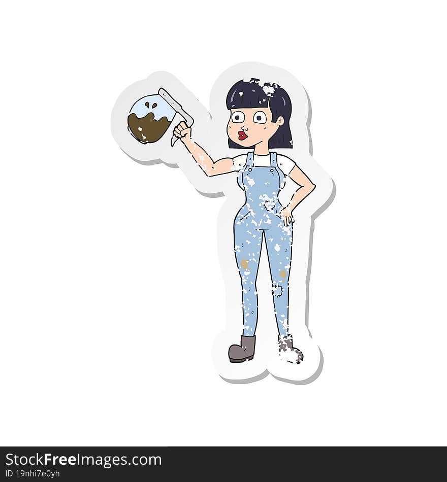 retro distressed sticker of a cartoon woman in dungarees with coffee