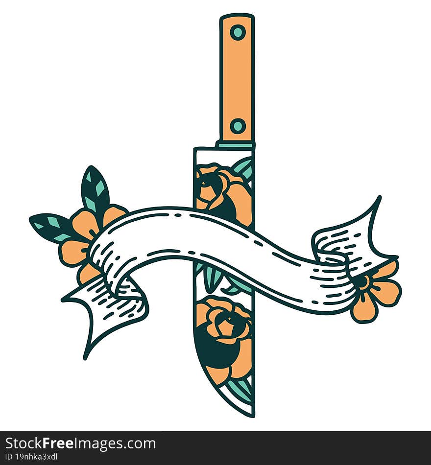 tattoo with banner of a dagger and flowers