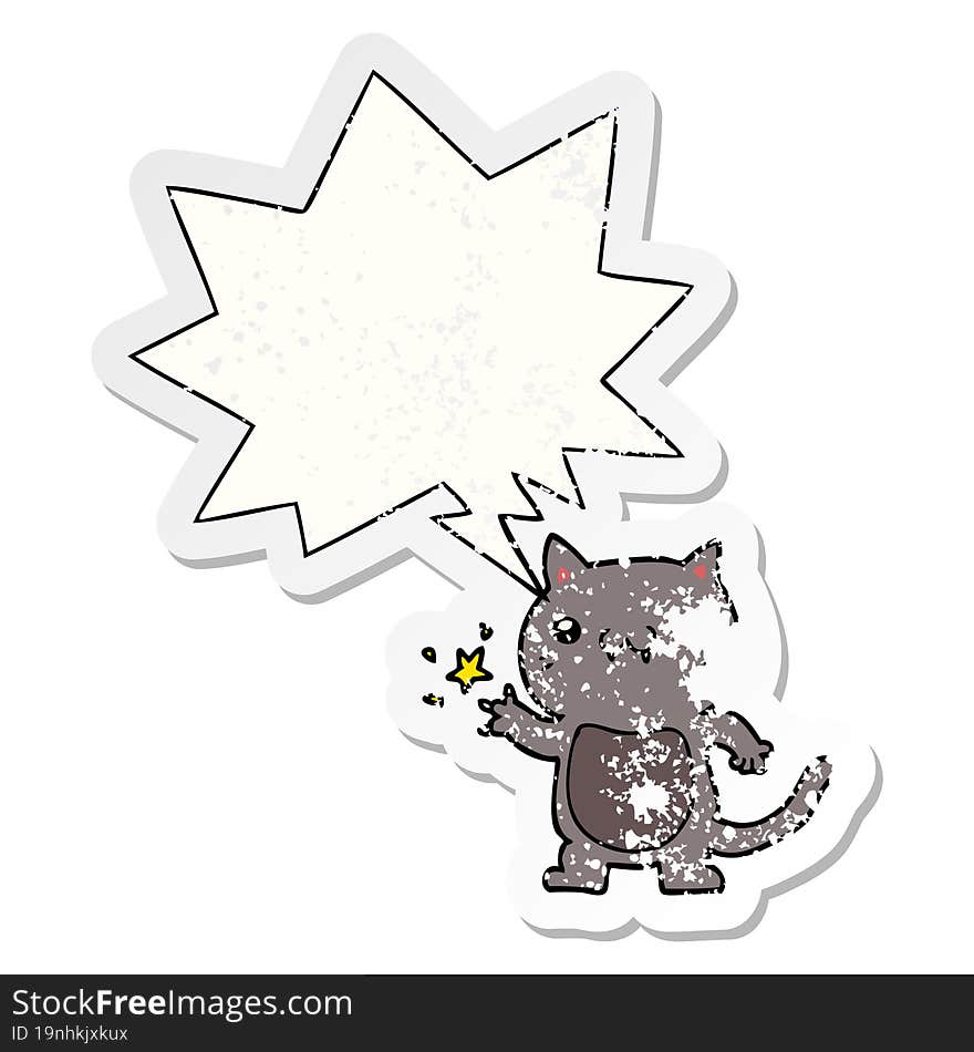 cartoon cat scratching and speech bubble distressed sticker