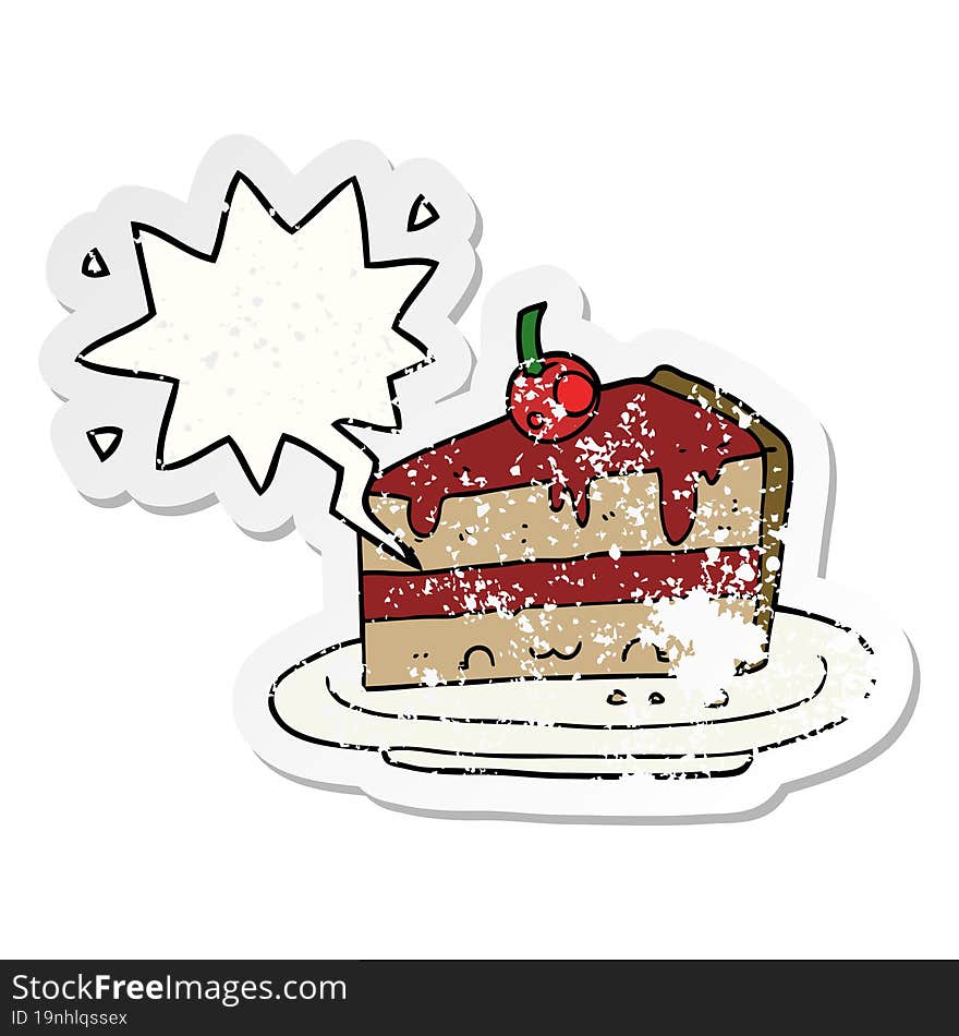 cartoon cake with speech bubble distressed distressed old sticker. cartoon cake with speech bubble distressed distressed old sticker