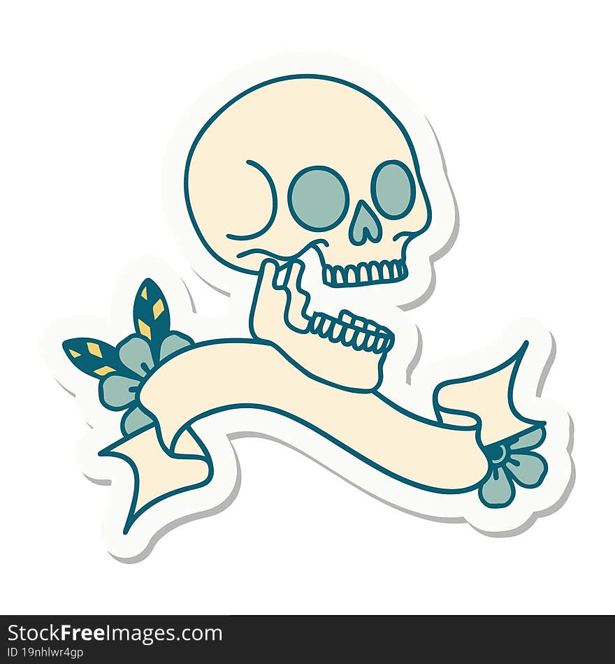 tattoo style sticker with banner of a skull