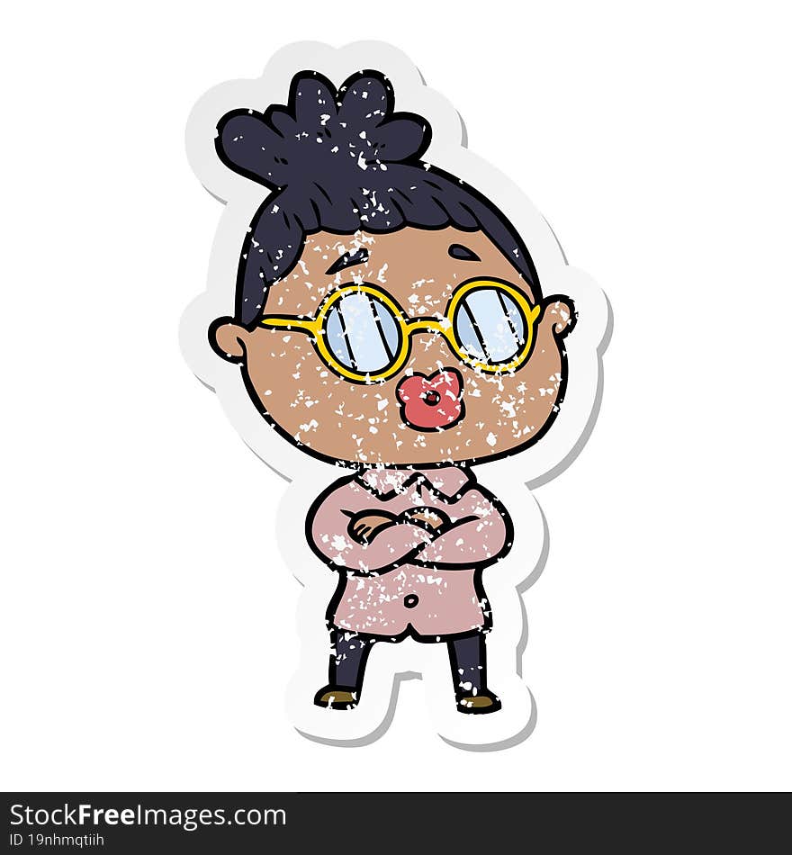 distressed sticker of a cartoon woman wearing spectacles