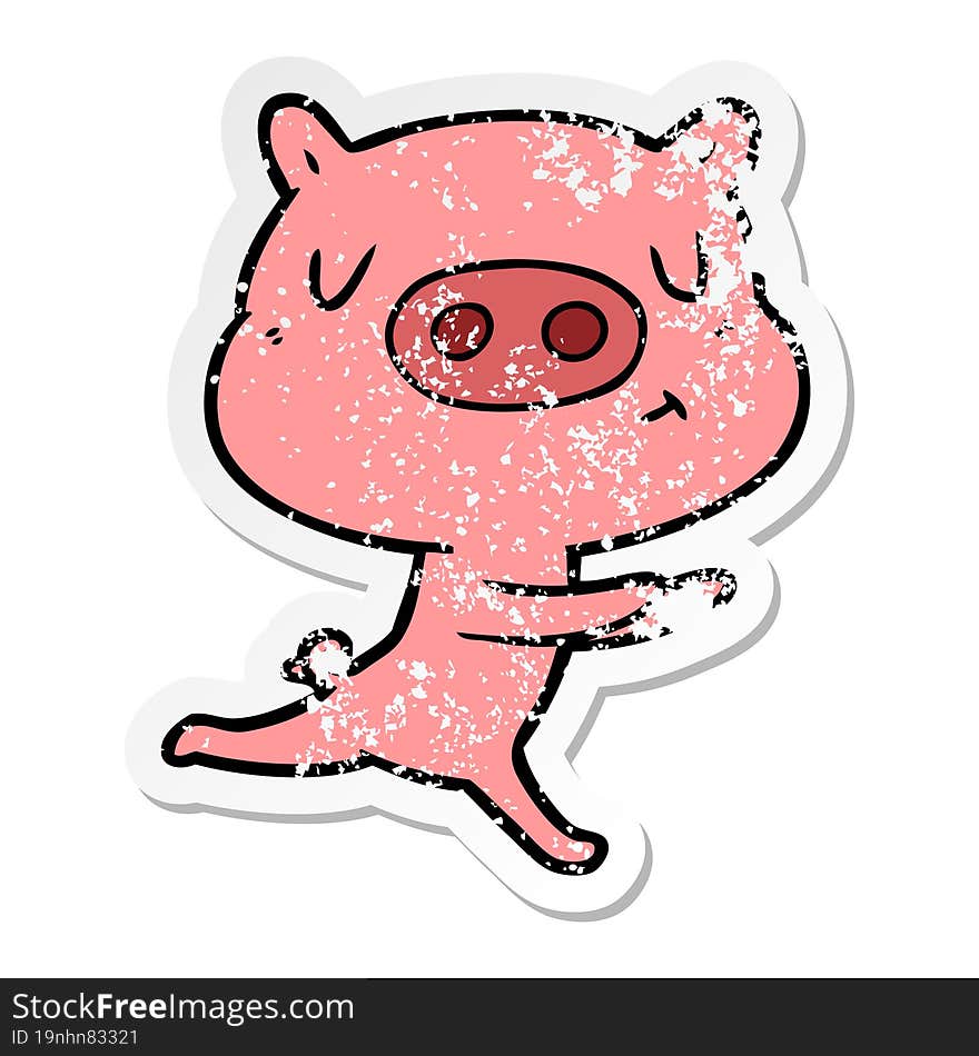 distressed sticker of a cartoon content pig running