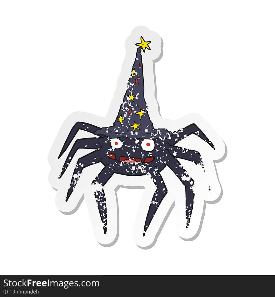 Retro Distressed Sticker Of A Cartoon Halloween Spider In Witch Hat