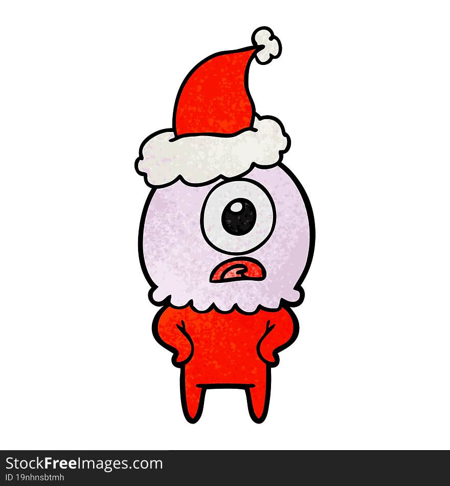 hand drawn textured cartoon of a cyclops alien spaceman wearing santa hat