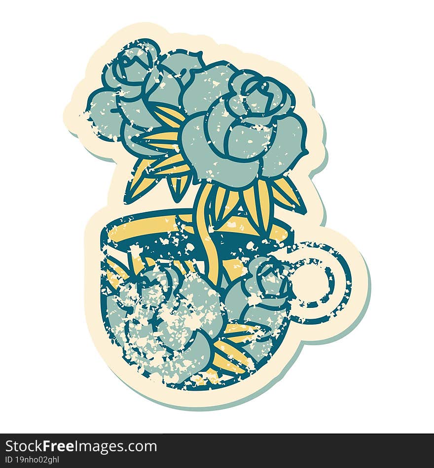 distressed sticker tattoo style icon of a cup and flowers