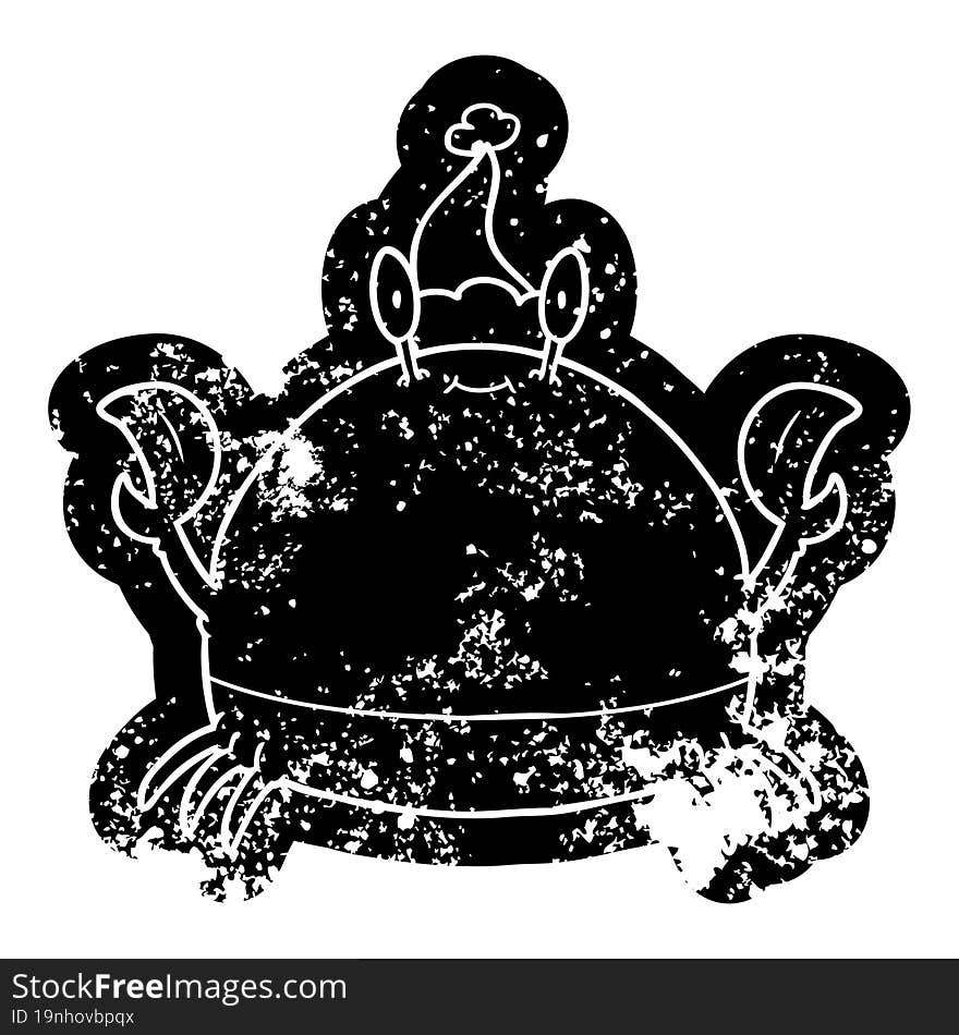 cartoon distressed icon of a crab wearing santa hat