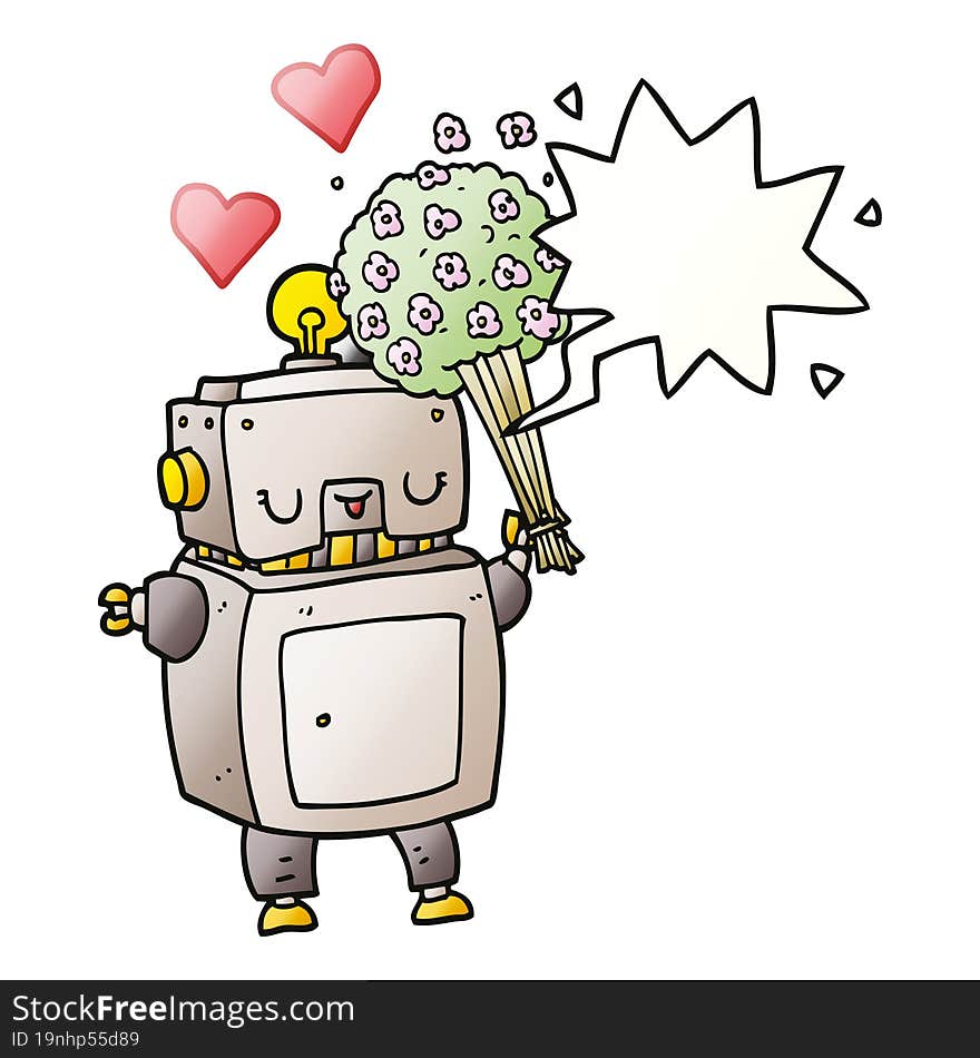 cartoon robot in love and speech bubble in smooth gradient style