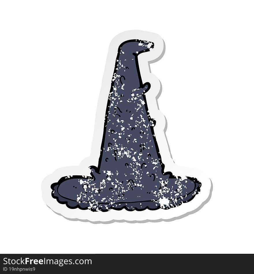 retro distressed sticker of a cartoon spooky witch hat