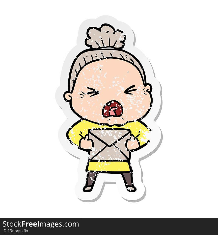 distressed sticker of a cartoon angry old woman