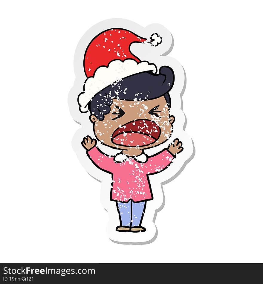 Distressed Sticker Cartoon Of A Shouting Man Wearing Santa Hat