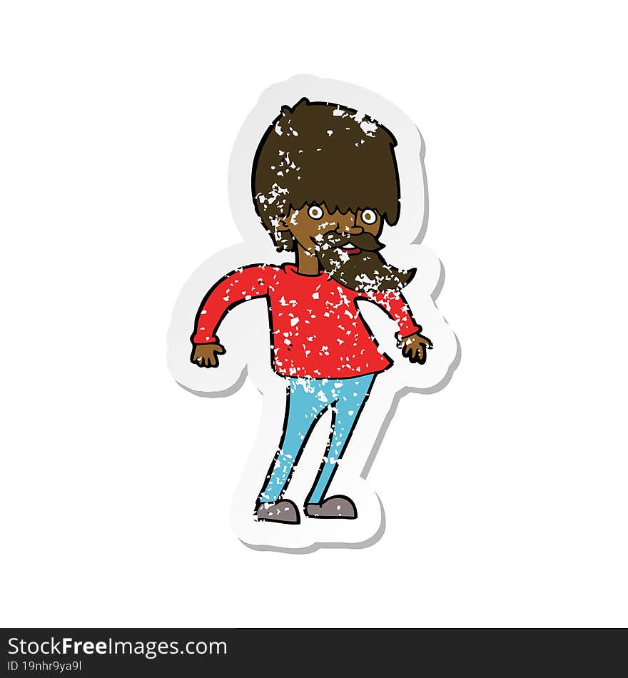 retro distressed sticker of a cartoon bearded man shrugging shoulders