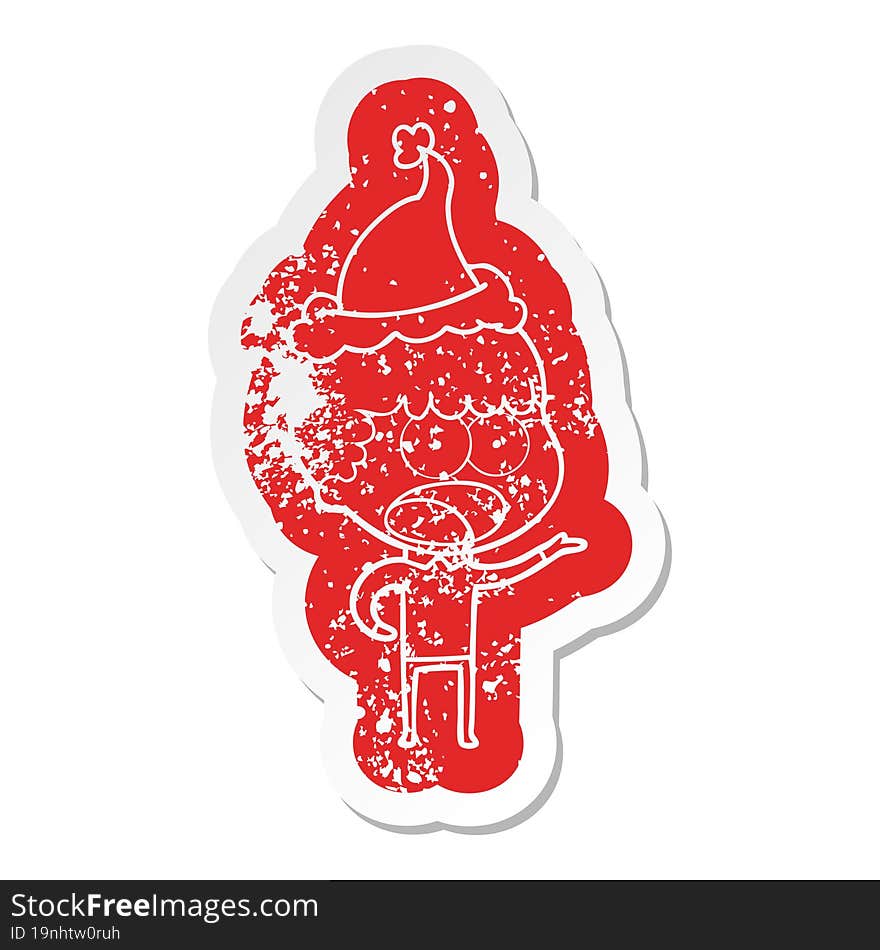 cartoon distressed sticker of a shocked man wearing santa hat