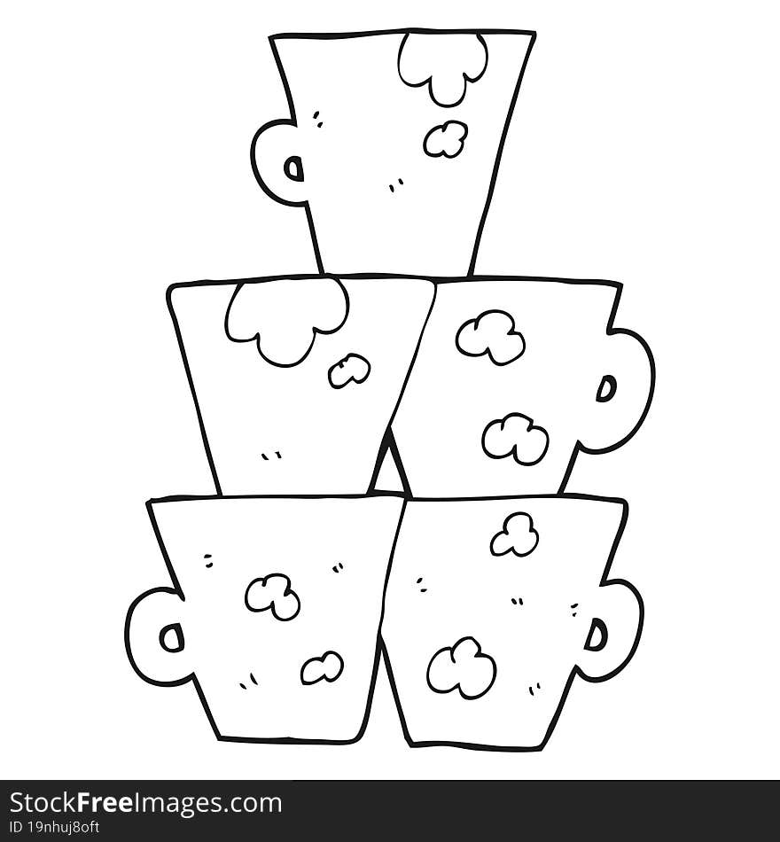 black and white cartoon stack of dirty coffee cups