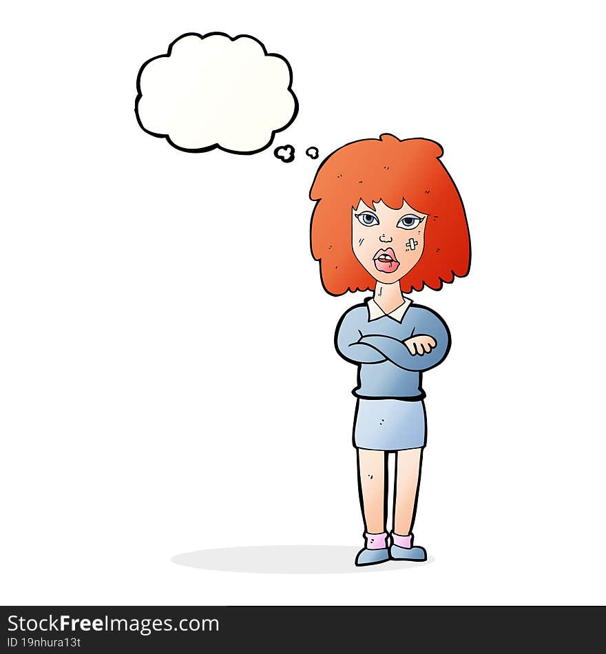 Cartoon Tough Woman With Folded Arms With Thought Bubble