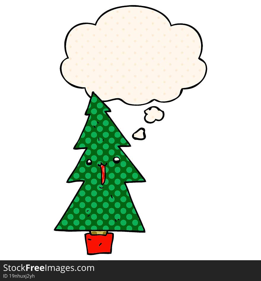 cartoon christmas tree and thought bubble in comic book style