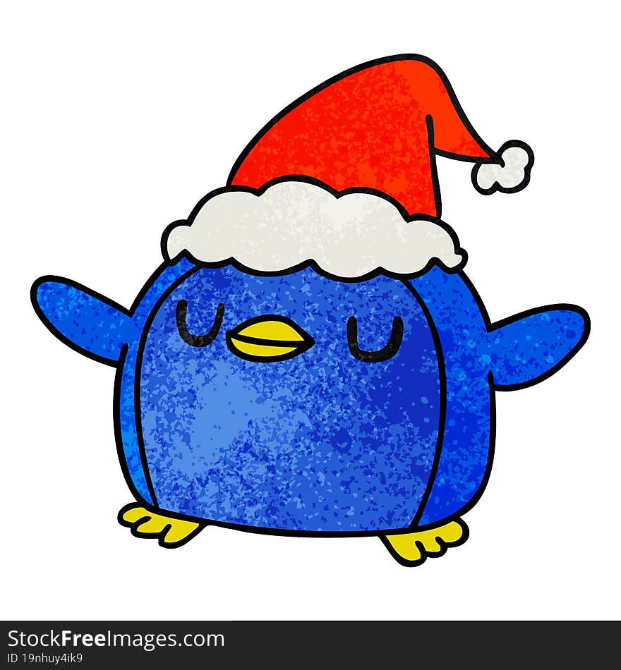 hand drawn christmas textured cartoon of kawaii penguin