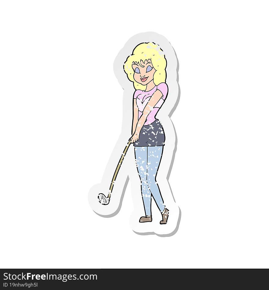 retro distressed sticker of a cartoon woman playing golf