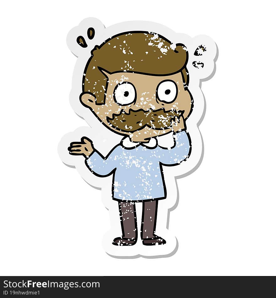 distressed sticker of a cartoon man with mustache shocked