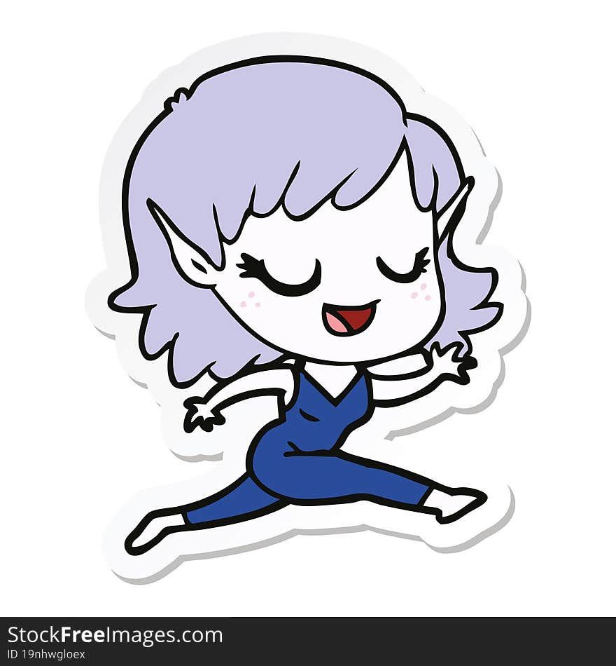 sticker of a happy cartoon elf girl running