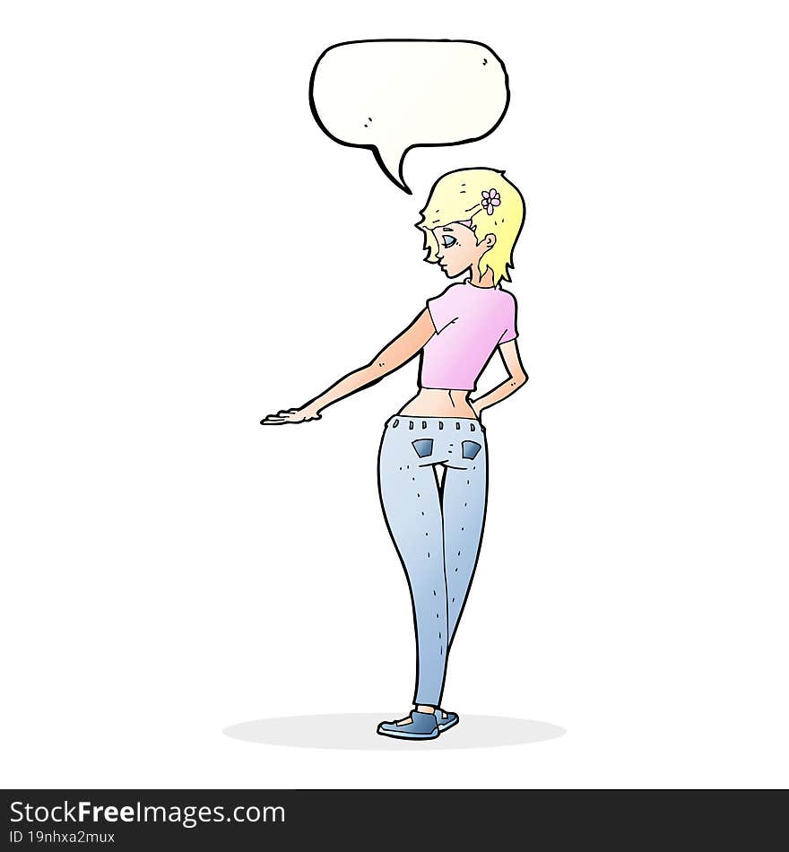 cartoon pretty girl in jeans and tee with speech bubble