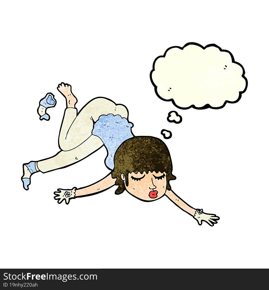 cartoon woman floating with thought bubble