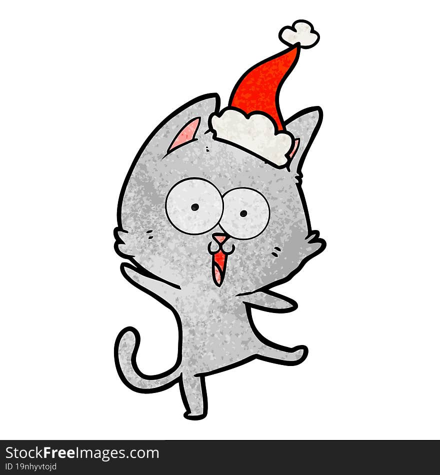 Funny Textured Cartoon Of A Cat Wearing Santa Hat