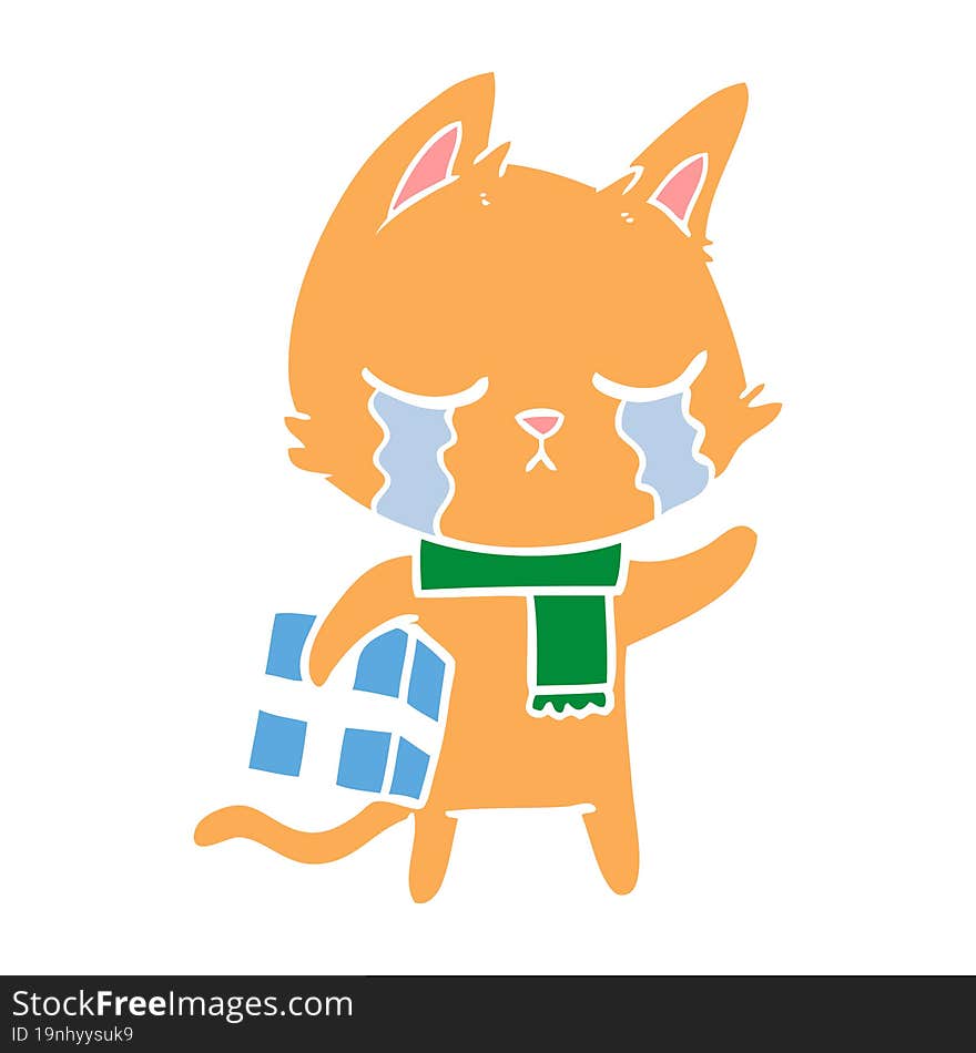 crying flat color style cartoon cat holding christmas present