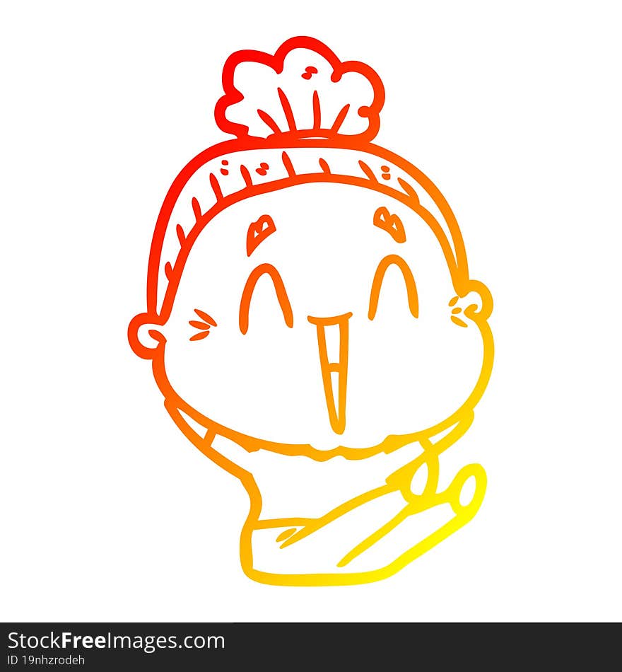 warm gradient line drawing of a cartoon happy old lady