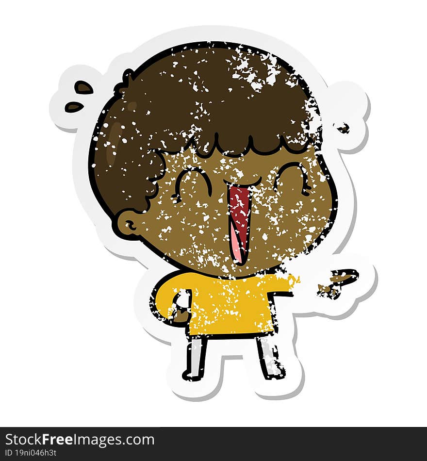 Distressed Sticker Of A Laughing Cartoon Man Pointing Finger