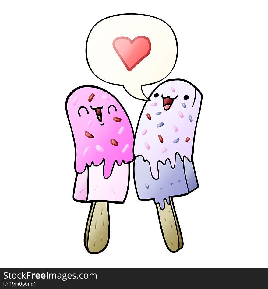 cartoon ice lolly in love and speech bubble in smooth gradient style