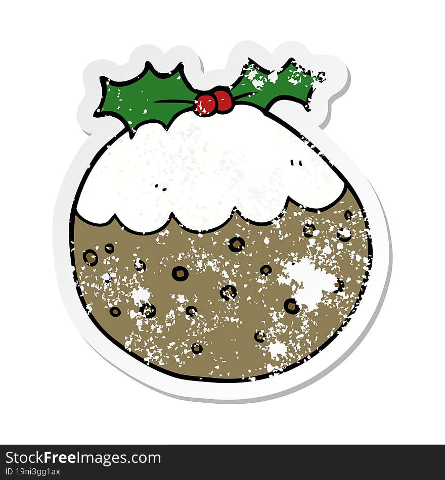 distressed sticker of a cartoon christmas pudding