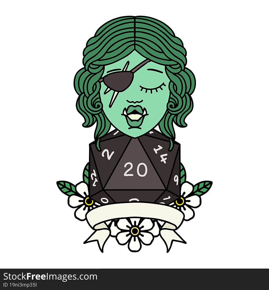 half orc rogue character with natural twenty dice roll illustration