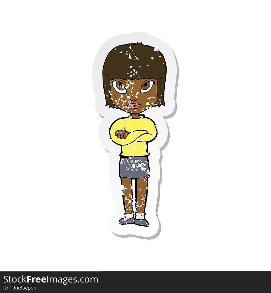 retro distressed sticker of a cartoon woman with crossed arms