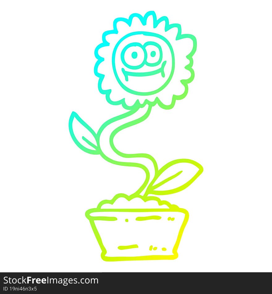 cold gradient line drawing cartoon flower in pot