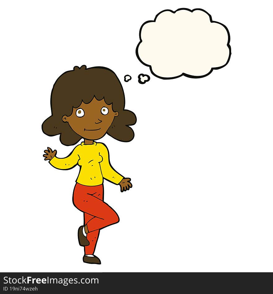 cartoon friendly woman waving with thought bubble