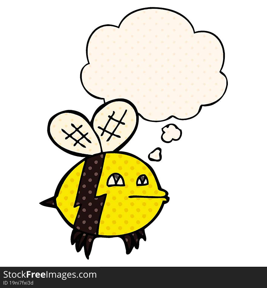 cartoon bee with thought bubble in comic book style