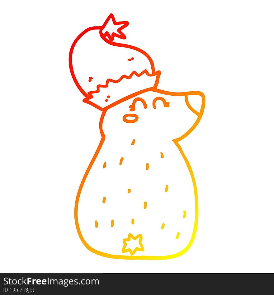 warm gradient line drawing cartoon bear wearing christmas hat