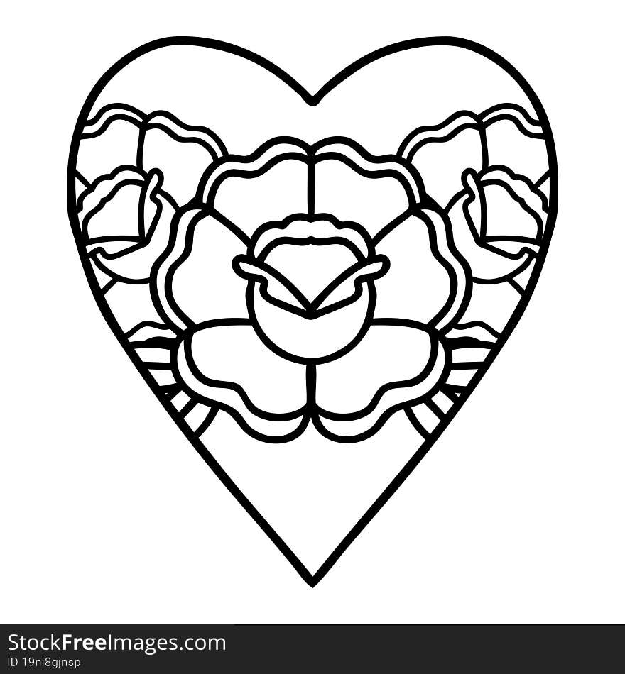 black line tattoo of a heart and flowers