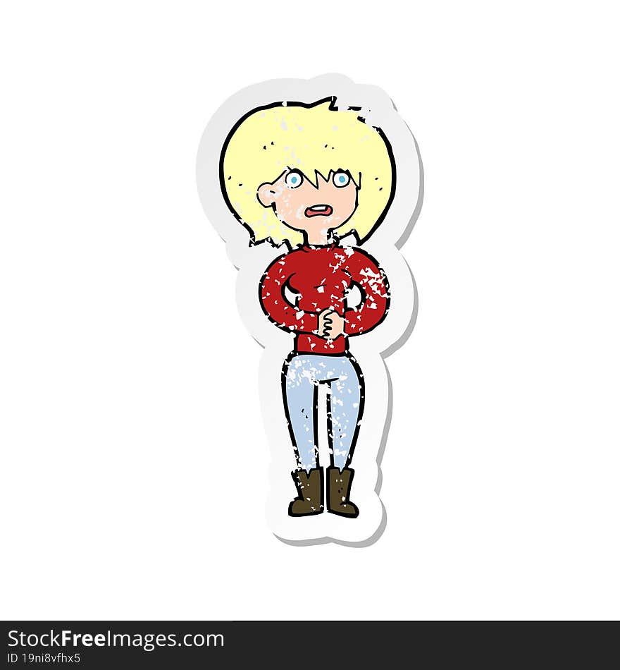 retro distressed sticker of a cartoon worried woman